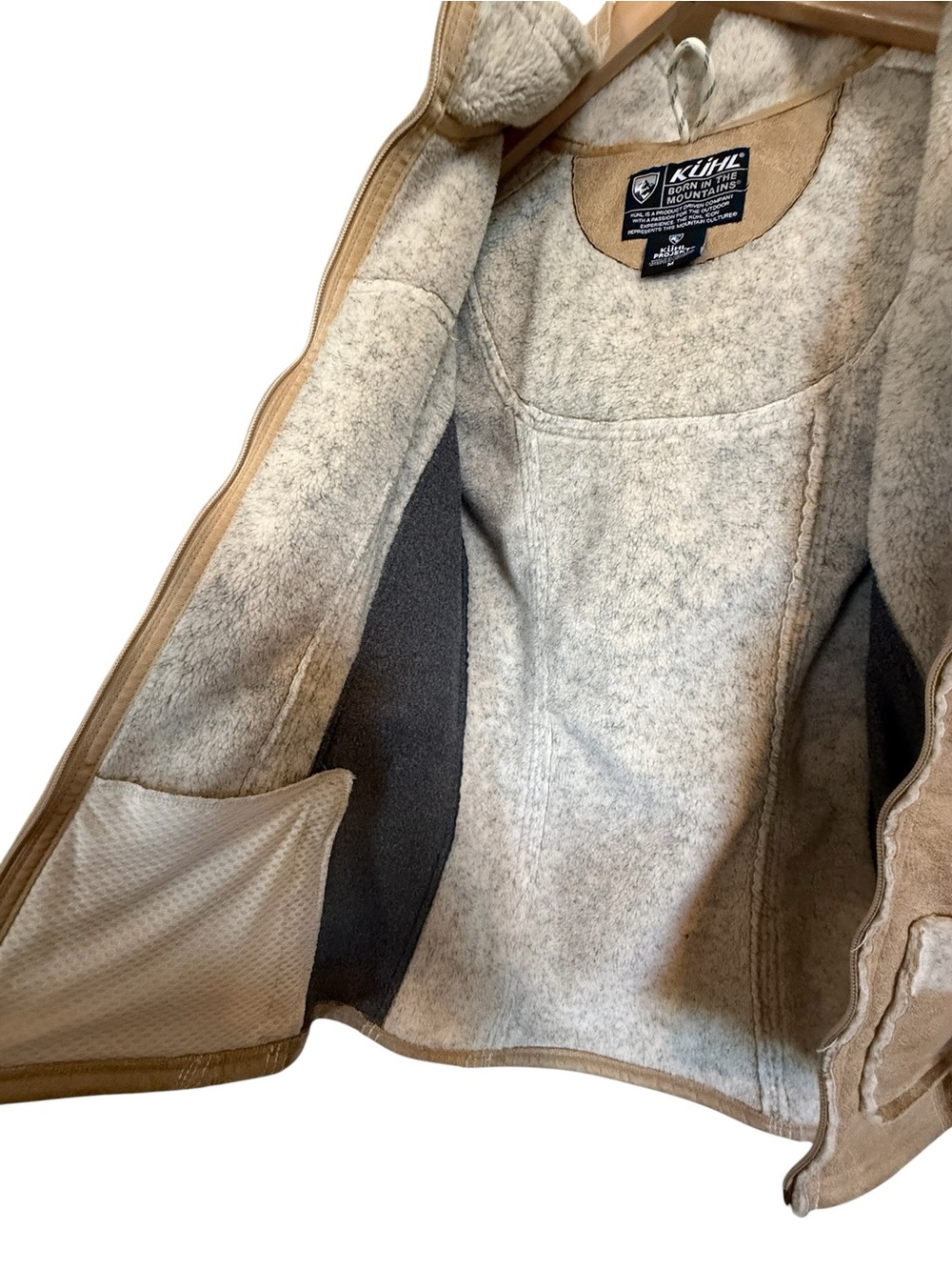 KÜHL Dani Sherpa Jacket Women’s M Tan Faux Suede Fleece Lined Hooded Full Zip - Picture 3 of 15